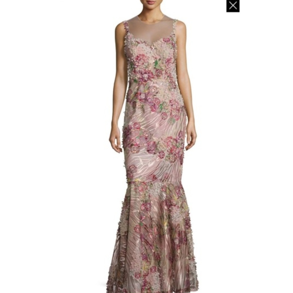 Teri Jon Sleeveless Floral Illusion Gown